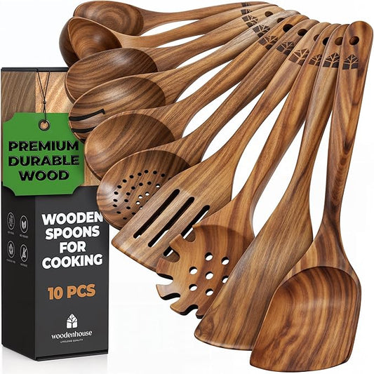 Wooden Spoons for Cooking – 10 Pc Teak Wood Utensil Set, Durable, Nonstick Safe & Heat Resistant with Ergonomic Handles - Unique Kitchen Gifts for Women Men, Cooking Gifts for Men Women