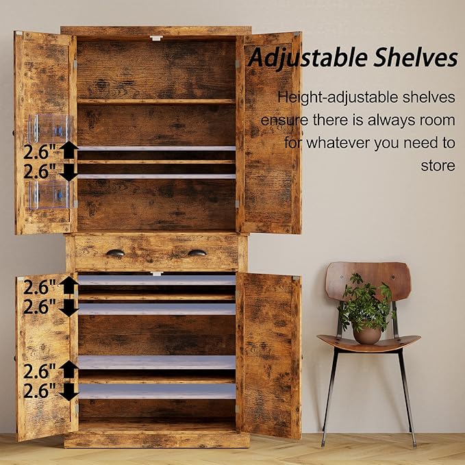 IRONCK Kitchen Pantry Storage Cabinet 72.6" H, with Barn Doors, Drawer, 4 Adjustable Shelves, Freestanding Cupboard for Dining Room Living Room, Laundry, Vintage Brown