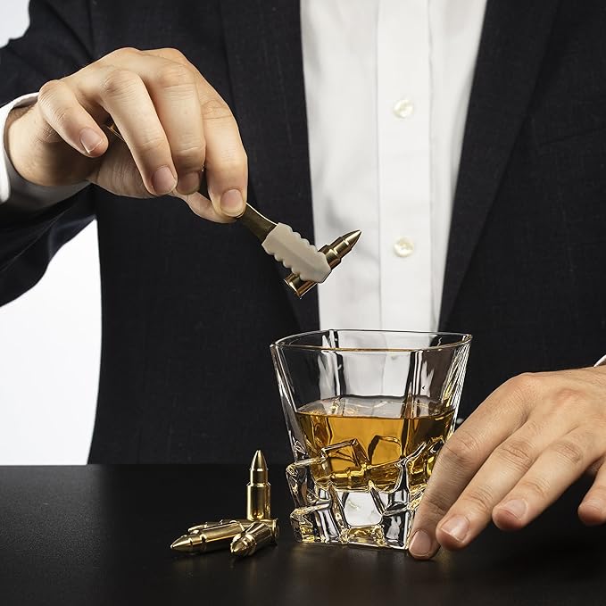 The Wine Savant Bullet Whiskey Chillers Stones - 1.75in Whiskey Rocks Set of 6 - Stainless Steel Bullet Shaped Ice Cubes, Gift Box Come, Tongs and Storage Bag, Whiskey or Scotch Rocks (Gold)
