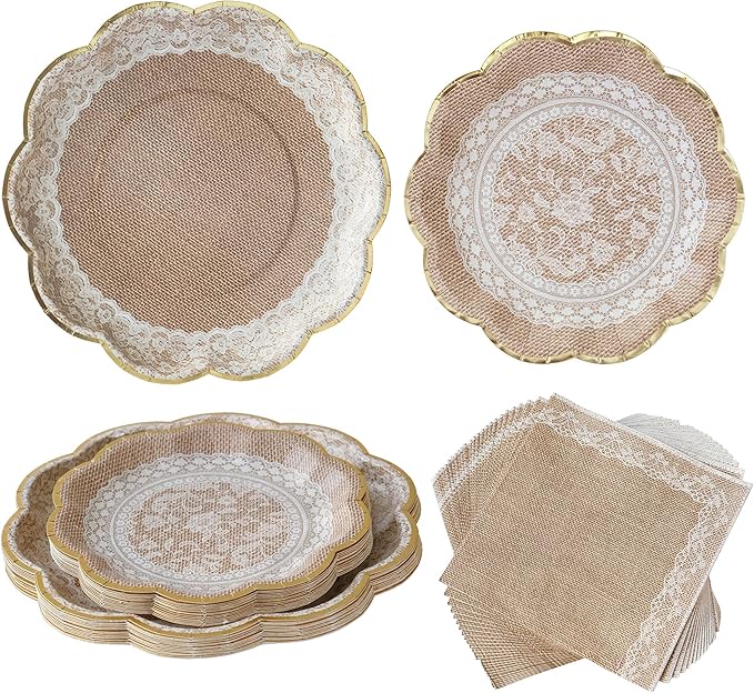Kate Aspen Burlap & Lace Party Decorations - 62 Piece Rustic Bridal Shower and Wedding Tableware Set for 16 Guests - Disposable Floral Paper Plates and Napkins Party Supplies