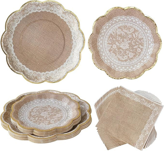 Kate Aspen Burlap & Lace Party Decorations - 62 Piece Rustic Bridal Shower and Wedding Tableware Set for 16 Guests - Disposable Floral Paper Plates and Napkins Party Supplies