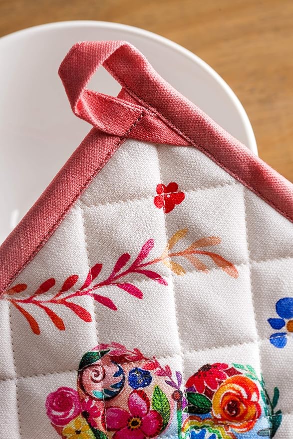 Maison d' Hermine 100% Cotton Oven Mitt & Pot Holder Set (7.5"x13" & 8"x8") Heat Resistant BBQ Cooking Gloves with Loop, Grilling, Kitchen, Handling Hot Pan Spring/Summer (Happy Florals - High Summer)