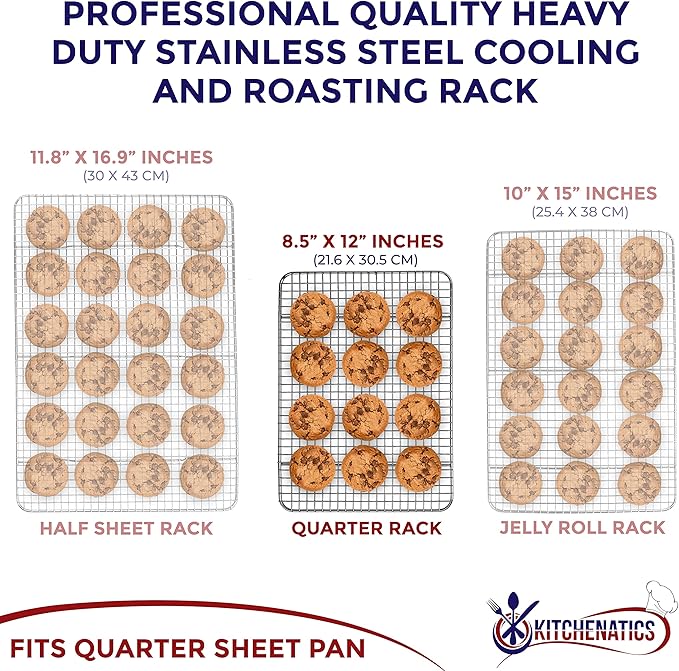 KITCHENATICS Heavy Duty Small Oven Cooling Racks for Cooking, Baking, Roasting and Grilling, Oven Safe Stainless Steel Wire Racks, Cookie Cooling Racks fit Quarter Sheet Pan, 8.5" x 12" IN, Set of 2