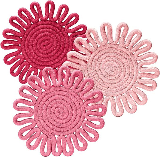 Trivets for Hot Pots and Pans, Trivets for Hot Dishes,Potholders for Kitchen,Hot Pads Hot Mats,Table Decorations,Set of 3, 100% Cotton,7.5"(Pink)