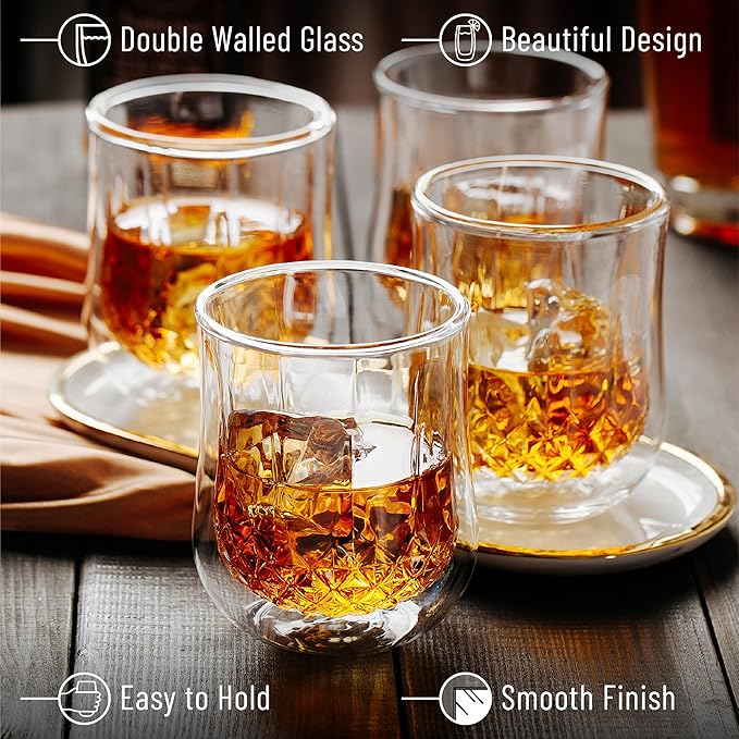 BTaT- Whiskey Glasses, Double Wall Glasses, Set of 4, Bourbon Glasses, Cocktail Glasses, Scotch Glasses, Old Fashioned Glass, Rocks Glass, Crystal Glasses, Vodka Glasses, Gifts