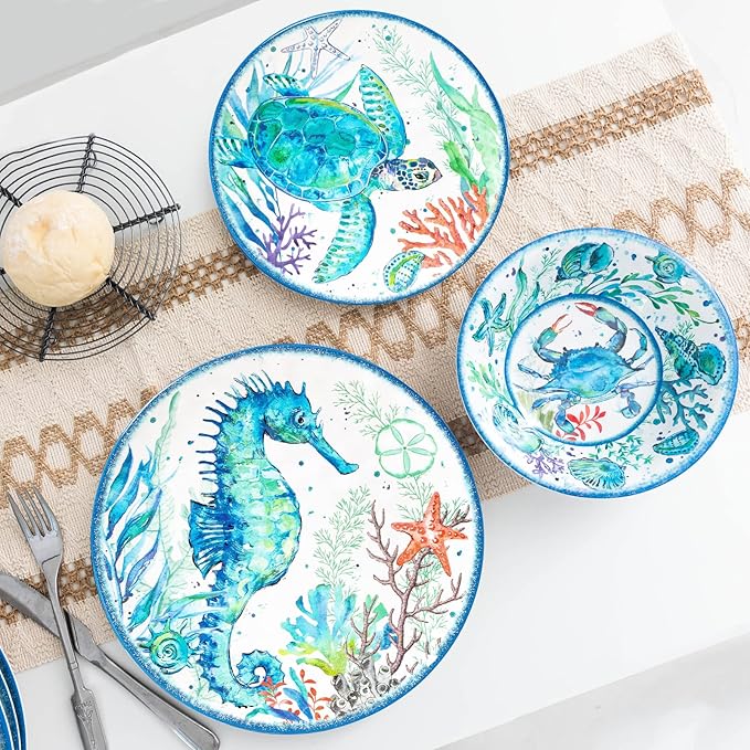 LEHAHA Melamine Pasta Bowls, Set of 6 9.25 inches 42 OZ Large Salad Serving Bowls, Coastal Melamine Dinner Deep Plates, Lightweight Soup/Cereal/Noodle Bowls set, Dishwasher Safe,Oceanic Design…