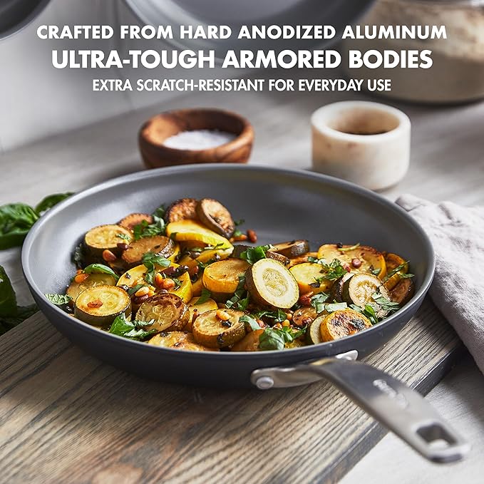 GreenPan Chatham Hard Anodized Healthy Ceramic Nonstick, 8" 9.5" and 11" 3 Piece Frying Pan Skillet Set, PFAS-Free, Dishwasher Safe, Oven and Broiler Safe, Gray