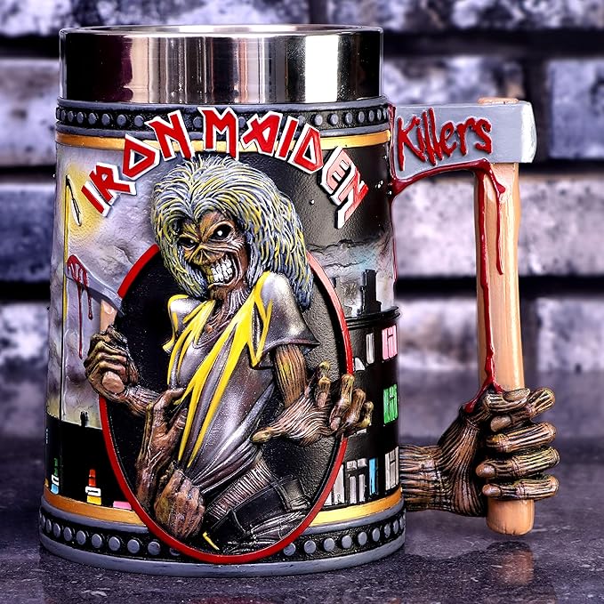 Nemesis Now Iron Maiden Killers Tankard, Hand-Painted Resin, Officially Licensed Eddie Album Collectible, Rock Memorabilia, Stainless Steel Insert, 15.5cm