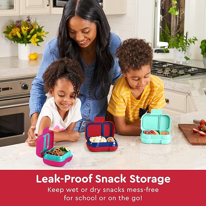 Bentgo Kids Snack - 2 Compartment Leak-Proof Bento Box Container for Snacks and Small Meals, Easy-Open Latch, Dishwasher Safe, BPA-Free for School, Daycare, & Sports - Ideal for Ages 3+ (Red/Royal)