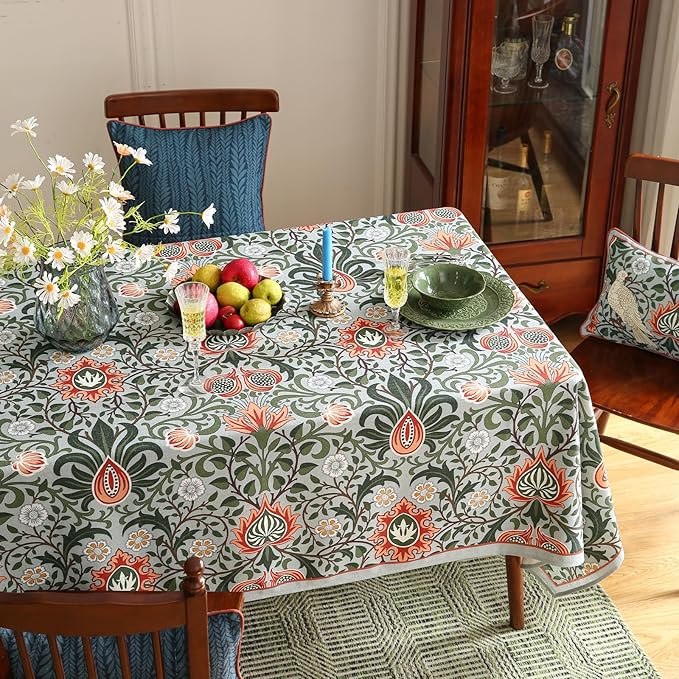ISAENNE Designer Bohemian Linen Green Table Cloth for Rectangle Table,Floral Indoor Tablecloth,Stain Resistant Decor Tablecloths for Dining Thanksgiving Kitchen Party Christmas,55"*79"-Naples