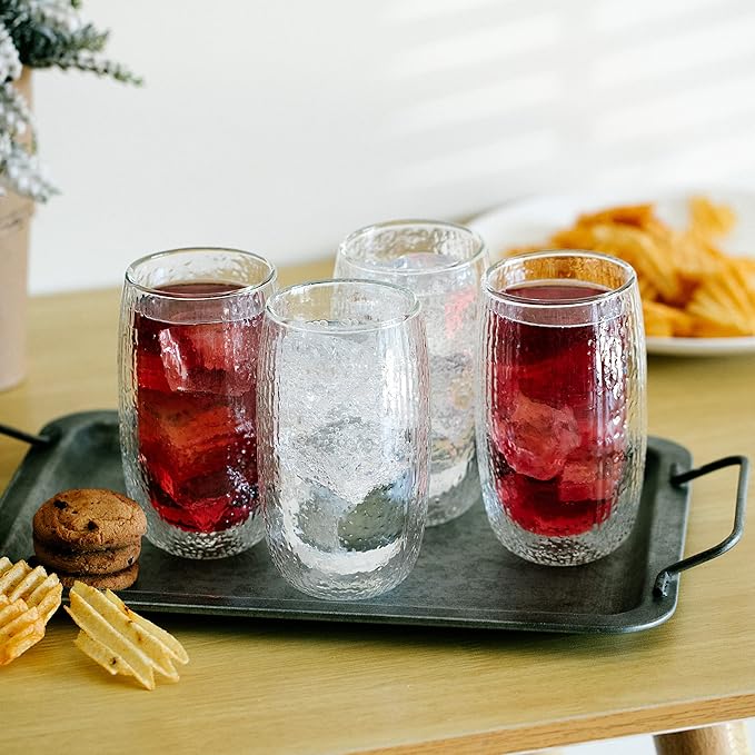 BTaT- Double Wall Glass Coffee Mugs, 4 Pack, 12 oz(350 ml), Double Glass Coffee Cups, Dotted Double Walled Glasses, Latte Glasses