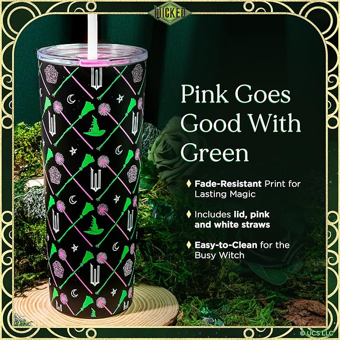 Dragon Glassware x WICKED Vacuum Insulated Tumbler with Lid and Straw - 24 oz Tumbler Cup with 2 Straws - Stainless Steel Tumbler with Straw for Water, Iced Tea - Wicked Movie Green Tumbler with Straw