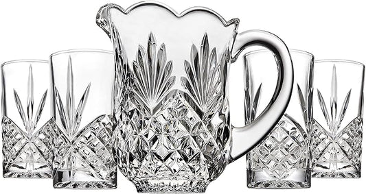 Godinger Pitcher and Glasses Drink Bar Set - Includes Pitcher Carafe and 4 Old Fashioned Glasses, Dublin Collection