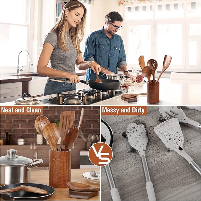 9pc Teak Wooden Utensils - Natural Teak Cooking Utensils with Premium Gift Box - Kitchen Gift Set