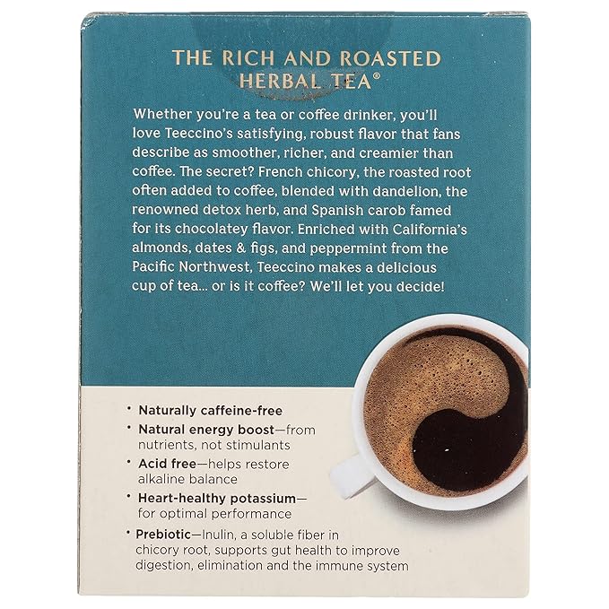 Teeccino Dandelion Mocha Mint Tea - Caffeine Free, Roasted Herbal Tea with Prebiotics, 3x More Herbs than Regular Tea Bags, Gluten Free - 10 Tea Bags