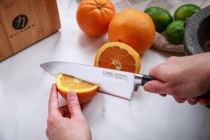 Ginsu Chikara Series Forged 8-Piece Japanese Knife Set, Black - Premium Cutlery Set with 420J Stainless Steel Kitchen Knives and Bamboo Block