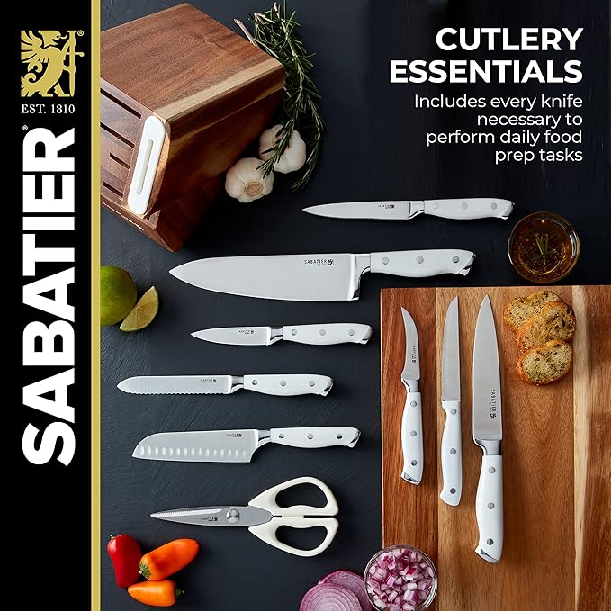 Sabatier 15-Piece Forged Triple Rivet Knife Block Set with Built-in Sharpener, High-Carbon Stainless Steel Kitchen Knives, Razor-Sharp Knife set with Acacia Block and Edgekeeper Technology, White