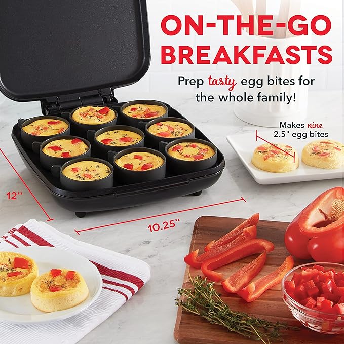 DASH Sous Vide Style Family Size Egg Bite Maker for Breakfast Bites, Sandwiches, Healthy Snacks or Desserts, Keto & Paleo Friendly (9 Servings), Black