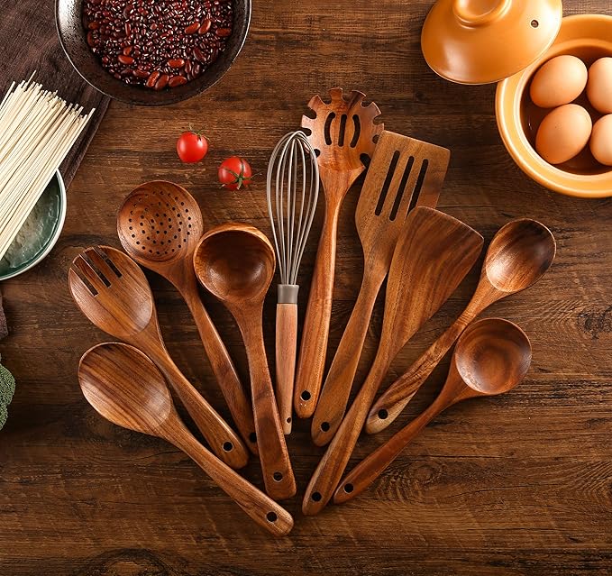 Wooden Kitchen Utensils Set with Holder, NAYAHOSE 11 Pcs Teak Wooden Cooking Spoons and Spatulas with Stainless Steel Storage Barrel