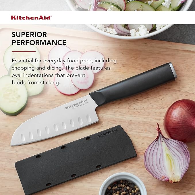 KitchenAid Classic Santoku Knife with Custom-Fit Blade Cover, 5-inch, Sharp Kitchen Knife, High-Carbon Japanese Stainless Steel Blade, Black