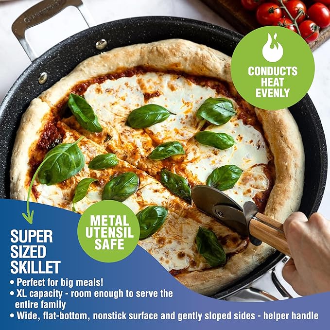 Granitestone 14 Inch Pan for Cooking, Family Sized Large Non Stick Frying Pans Skillet for Eggs, Omelette, with Helper Handle, PFOA PFOS Free Oven & Dishwasher Safe - LID NOT INCLUDED