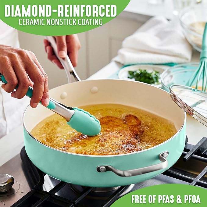 GreenLife Artisan Healthy Ceramic Nonstick, 5QT Saute Pan Jumbo Cooker with Helper Handle and Lid, Stainless Steel Handle, Induction, PFAS-Free, Dishwasher Safe, Oven Safe, Turquoise