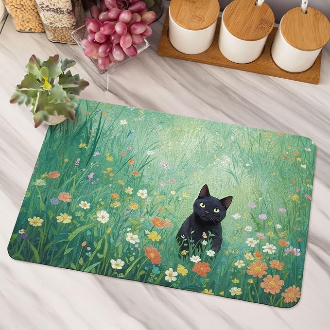 Floral Black Cat Dish Drying Mat, Cat Lover Gifts, Cats in Colorful Wildflower - Image 5