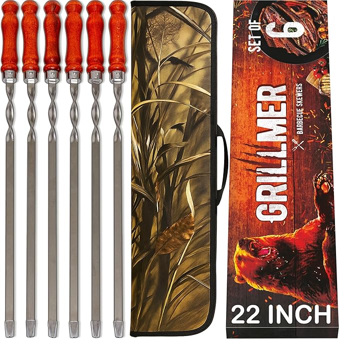Premium BBQ Skewers with Wooden Handles 22" Shish Kabob Skewers Stainless Steel Long & Reusable Kabob Sticks Barbecue Skewers for Grilling Set of 6 Piece (6, 22 Inches)