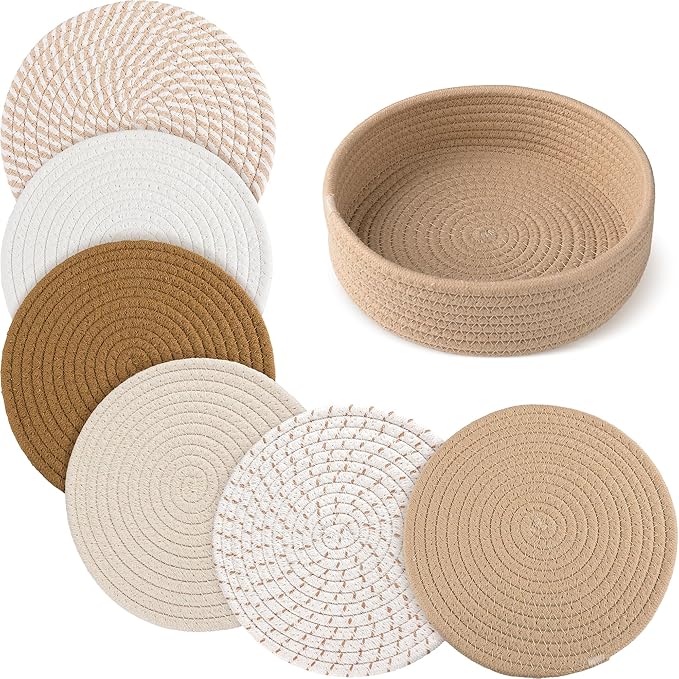 8" Trivets for Hot Dishes, Hot pots and Pans,6 Heat Resistant Hot Pads and Storage Basket 1 Pack,Pot Holders for Kitchen, Hot Plate Mats for Kitchen Countertops