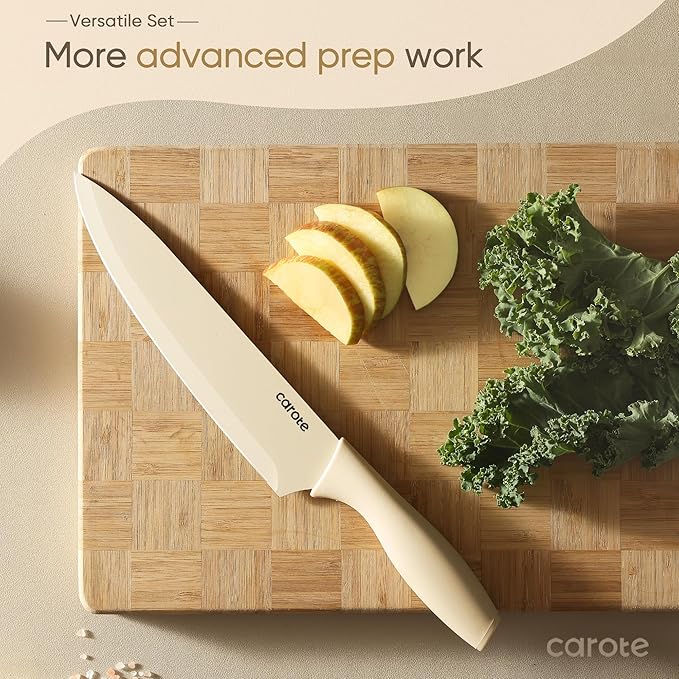 CAROTE 12 Pieces Kitchen Knife Set, Stainless Steel Knife Set With Nonstick Ceramic Coating, Dishwasher Safe with 6 Blade Guards, Rustproof, Brown
