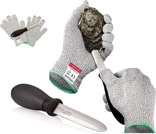 Rockland Guard Professional Oyster Shucking Knife Set - Includes 3.5" Stainless Steel Oyster Shucker with Non-Slip Handle & Bent Tip, Kitchen Cutting Gloves - Food-Grade, Dishwasher-Safe Seafood Tools Set - Large