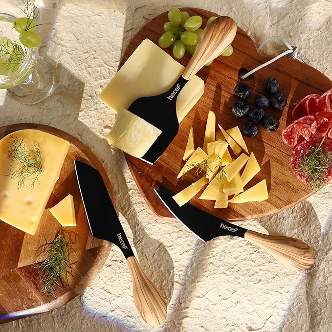 hecef Cheese Knife Set of 3, Includes Pronged, Hard Cheese & Chisel Knife, Matte Black Stainless Steel Knives with Wood Grain Handles, Cheese Tools for Charcuterie Boards, Entertaining
