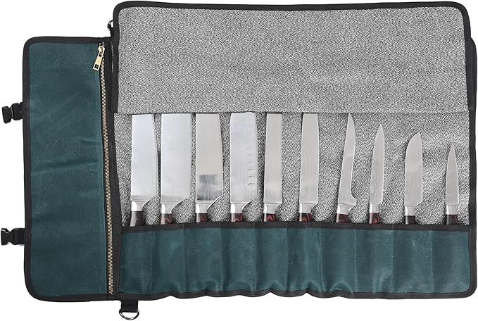 Denifiter Professional Chef's Knife Bag with Anti Cutting Fabric Inside, Heavy Duty 16oz Waxed Canvas Knife Roll, 11 Slots & Durable Handle Adjustable Shoulder Strap (Dark Green)