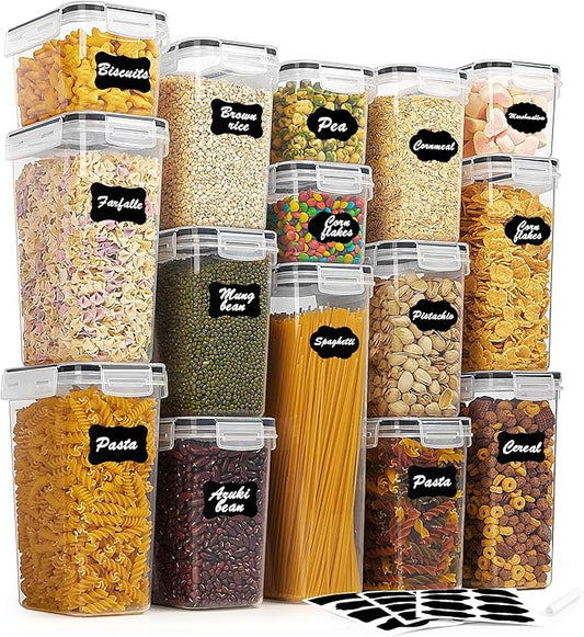 Vtopmart Airtight Food Storage Containers Set with Lids, 15pcs BPA Free Plastic Dry Food Canisters for Kitchen Pantry Organization and Storage, Dishwasher safe,Include 24 Labels, Black