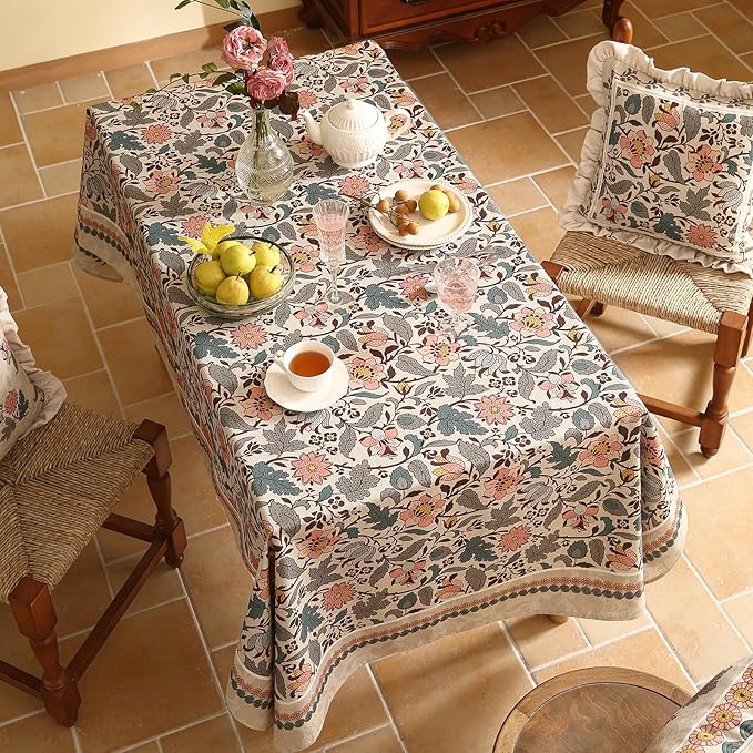 ISAENNE Designer Boho Floral Extra Long Tablecloth Rectangle,Linen Lotus Flower Pattern Colorful Table Cloth,Durable Decor Tablecloths for Dining Thanksgiving Kitchen Christmas,67"*118"-Hazel A