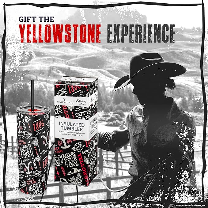 Dragon Glassware x Yellowstone Vacuum Insulated Tumbler with Lid and Straw - 24 oz Tumbler Cup with 2 Straws - Stainless Steel Tumbler with Straw for Water, Iced Tea - 1886