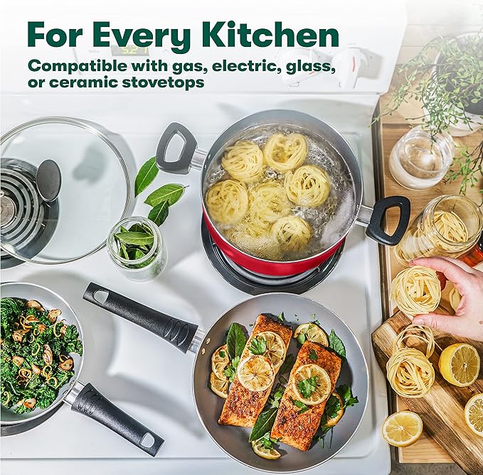 BELLA Cookware Set, 12 Piece Pots and Pans with Utensils, Nonstick PFOA Free Scratch Resistant Cooking Surface Compatible with All Stoves, Nylon and Aluminum, Red