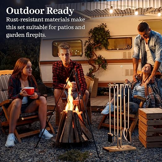 2WAYZ FLAMELY 5-Piece Fireplace Tools Set - Includes Fire Poker, Shovel, Brush, Tongs, Stand - Heavy-Duty Fireplace Accessories and Fire Tools for Indoor or Outdoor Use