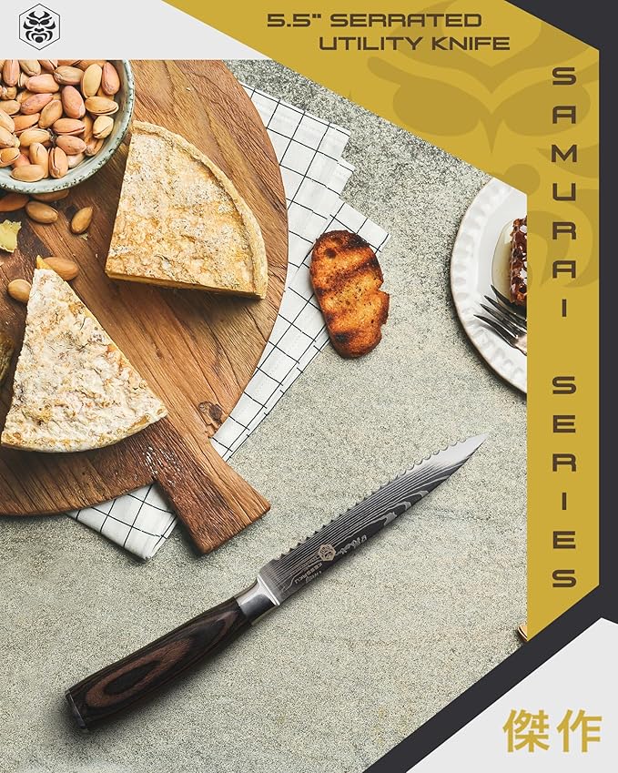 KESSAKU Serrated Utility Knife - 5.5 inch - Samurai Series - Razor Sharp Kitchen Knife - Forged 7Cr17MoV High Carbon Stainless Steel - Wood Handle with Blade Guard
