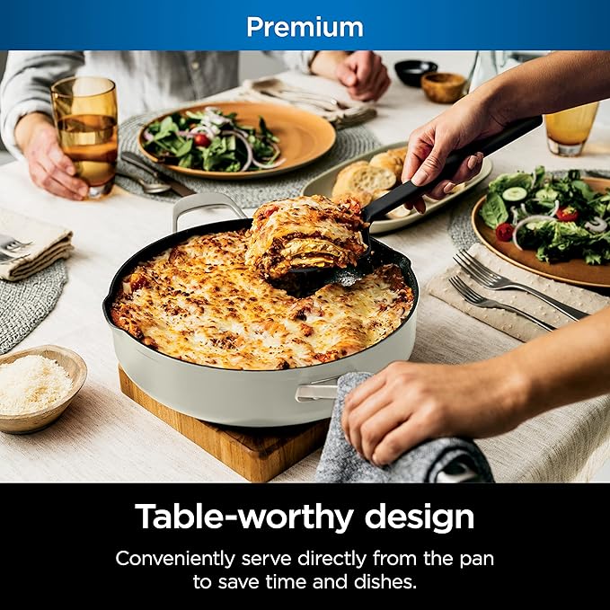 Ninja CW102WH Foodi NeverStick PossiblePan, Premium Set with 4-Quart Capacity Pan, Steamer/Strainer Basket, Glass Lid & Integrated Spatula, Nonstick, Durable & Oven Safe to 500°F, Vanilla Bean