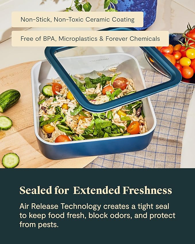 Caraway 2pc Glass Food Storage Set - 10 Cup Food Containers (2) - Ceramic Coated - Non Toxic, Non Stick Lunch Box with Lids. Dishwasher, Oven, & Microwave Safe - Mist