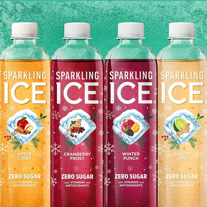 Sparkling Ice, Winter Variety Pack, Flavored Sparkling Water, Zero Sugar, with Vitamins and Antioxidants, 17 fl oz, 12 count (Cranberry Frost, Winter Punch, Apple Cider and Ginger Lime)
