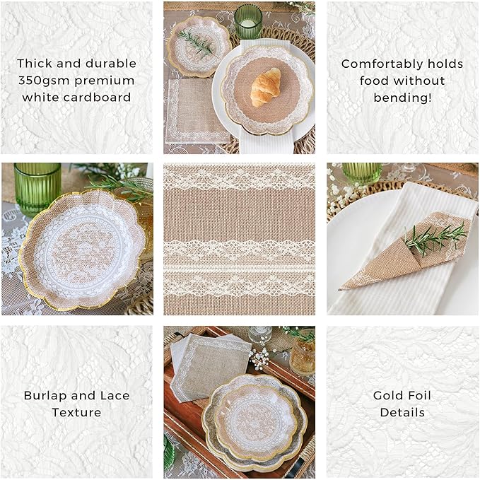 Kate Aspen Burlap & Lace Party Decorations - 62 Piece Rustic Bridal Shower and Wedding Tableware Set for 16 Guests - Disposable Floral Paper Plates and Napkins Party Supplies