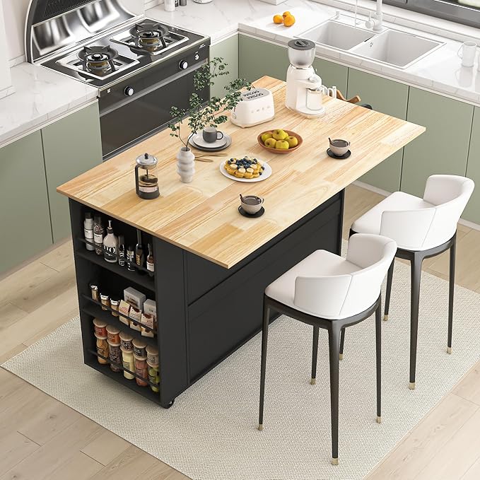 60'' Rolling Kitchen Island with Drop Leaf, Storage Islands Cart with Tilt Out Trash Can Cabinet, Rubber Wood Tabletop, Knife Holder, Wheels, Black