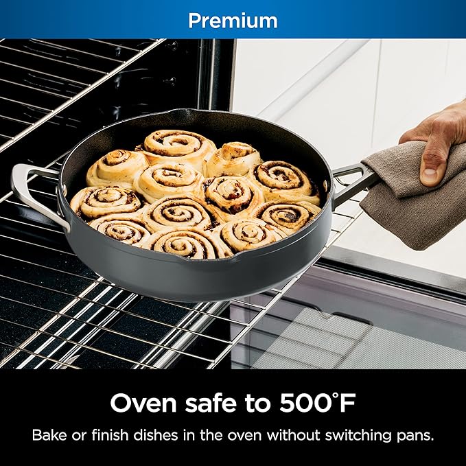 Ninja Foodi NeverStick 4 Quart Pan with Lid, Strainer, & Spatula, Oven Safe, Sea Salt Grey