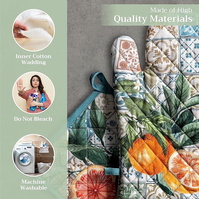 Maison d' Hermine 100% Cotton Oven Mitt & Pot Holder Set (7.5"x13" & 8"x8") Heat Resistant BBQ Cooking Gloves with Loop, Baking, Grilling, Kitchen, Handling Hot Pans Spring/Summer (Agrume)