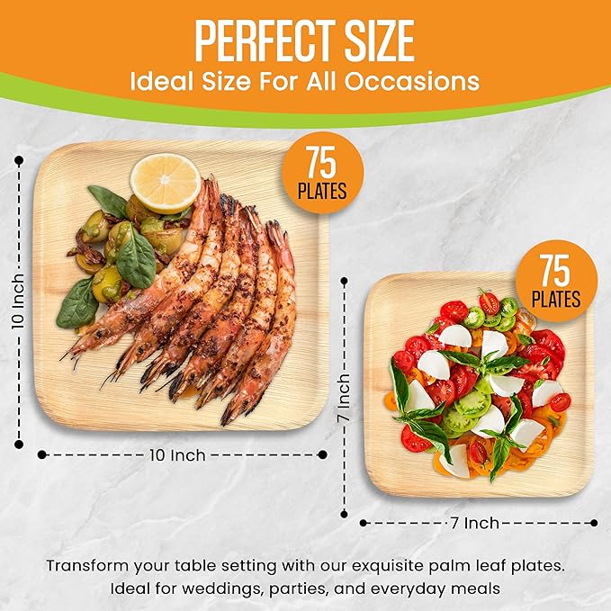 Raj Palm Leaf Plates Bulk [50-Pack] 10" & 7" Square Plates (3 CASES - 150 PACK) like Bamboo plates Disposable, Strong, Decorative Compostable Tableware for weddings, Lunch, Dinners etc
