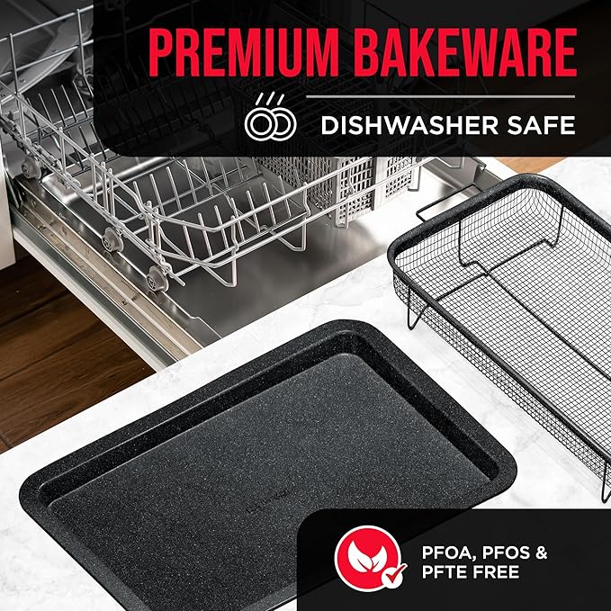Crisper Tray - 2-Piece Set – Gray Marble, Non-Stick Basket Design for Healthier Cooking in Regular Ovens - Achieve Perfectly Crispy Chips, Bacon and More