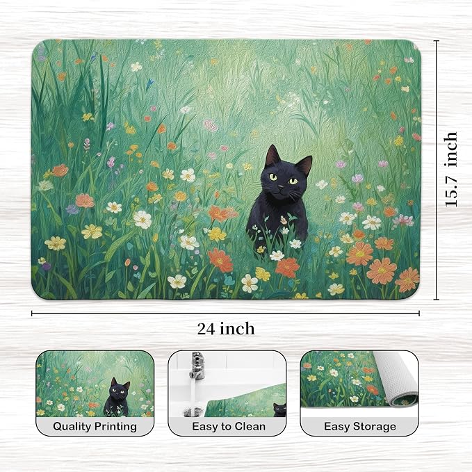 Floral Black Cat Dish Drying Mat, Cat Lover Gifts, Cats in Colorful Wildflower - Image 3