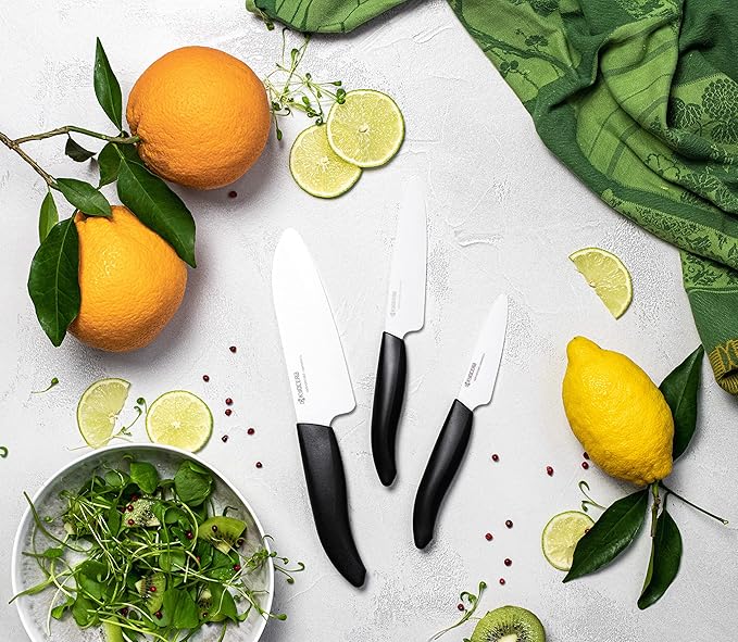 Kyocera Advanced Ceramics – Revolution Series 3-Piece Ceramic Knife Set: Includes 6-inch Chef's Knife; 5-inch Micro Serrated Knife; and 3-inch Paring Knife; Black Handles with White Blades